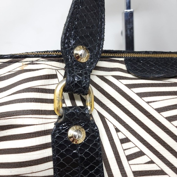 Henri Bendel Laptop Bag Disturbed Stripe Brown Black Canvas Leather Briefcase - Picture 7 of 16